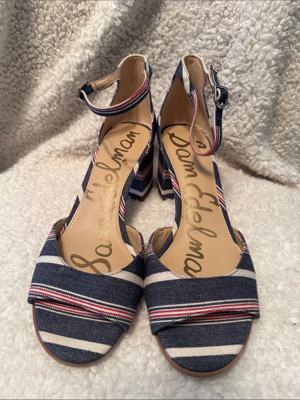 Sam Edelman Susie Red White & Blue Canvas Ankle Strap Block Heel Sandals Size 10